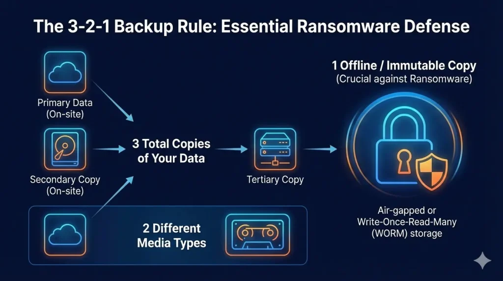 Infographic of the 3-2-1 backup rule: 3 copies, 2 media types, and 1 off-site copy