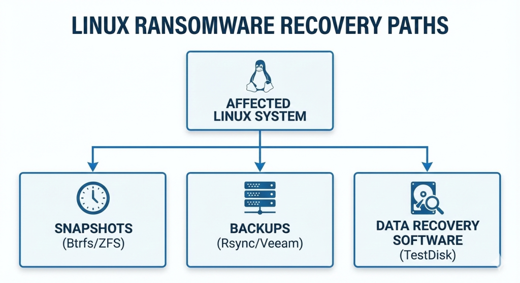 Flowchart of Linux data recovery options from ransomware infection