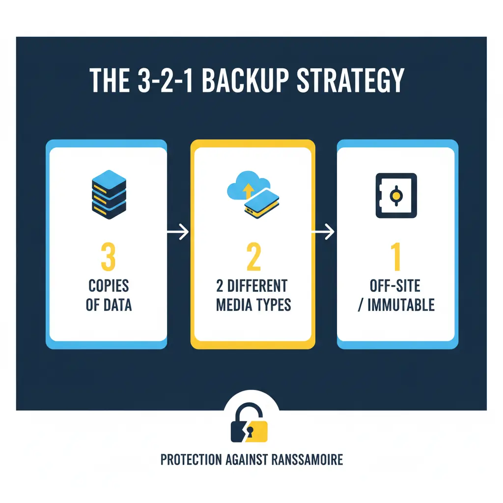 Infographic illustrating the 3-1 backup rule, network segmentation, and threat monitoring under the heading "Fortify Your Defenses."