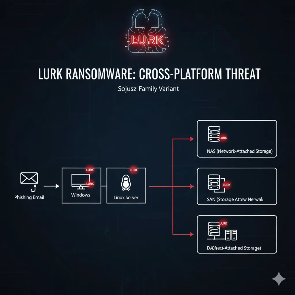 Infographic of LURK ransomware targeting Windows, Linux, NAS, SAN, and DAS
