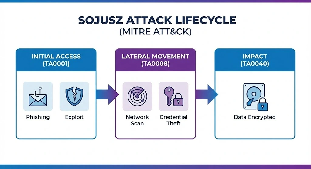 Sojusz ransomware attack lifecycle infographic based on MITRE ATT&CK framework