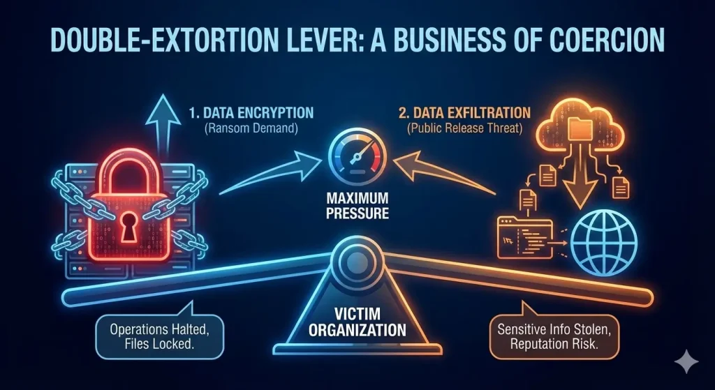 Infographic showing the two-pronged ransomware threat: data encryption and data exfiltration