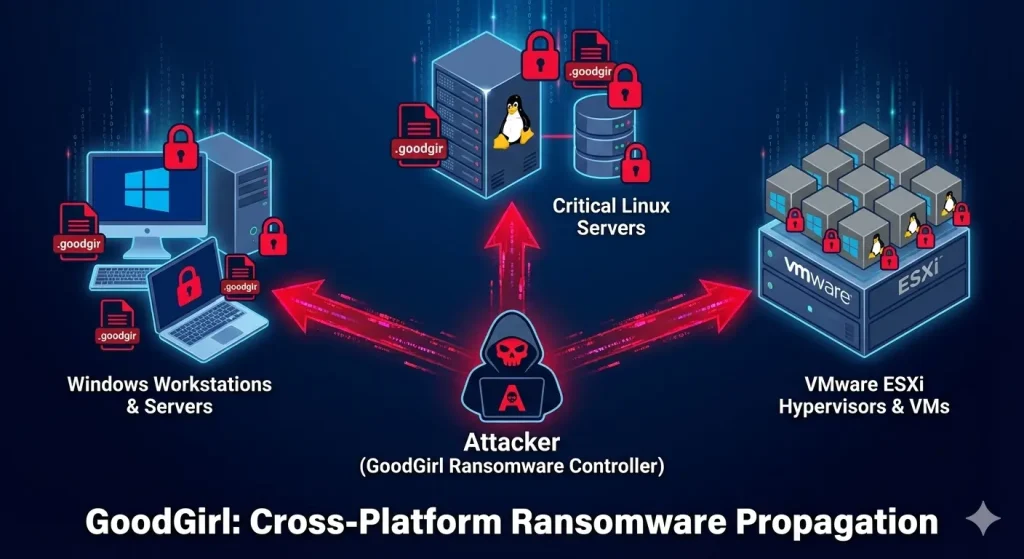 Diagram of GoodGirl ransomware targeting Windows, Linux, and VMware ESXi systems