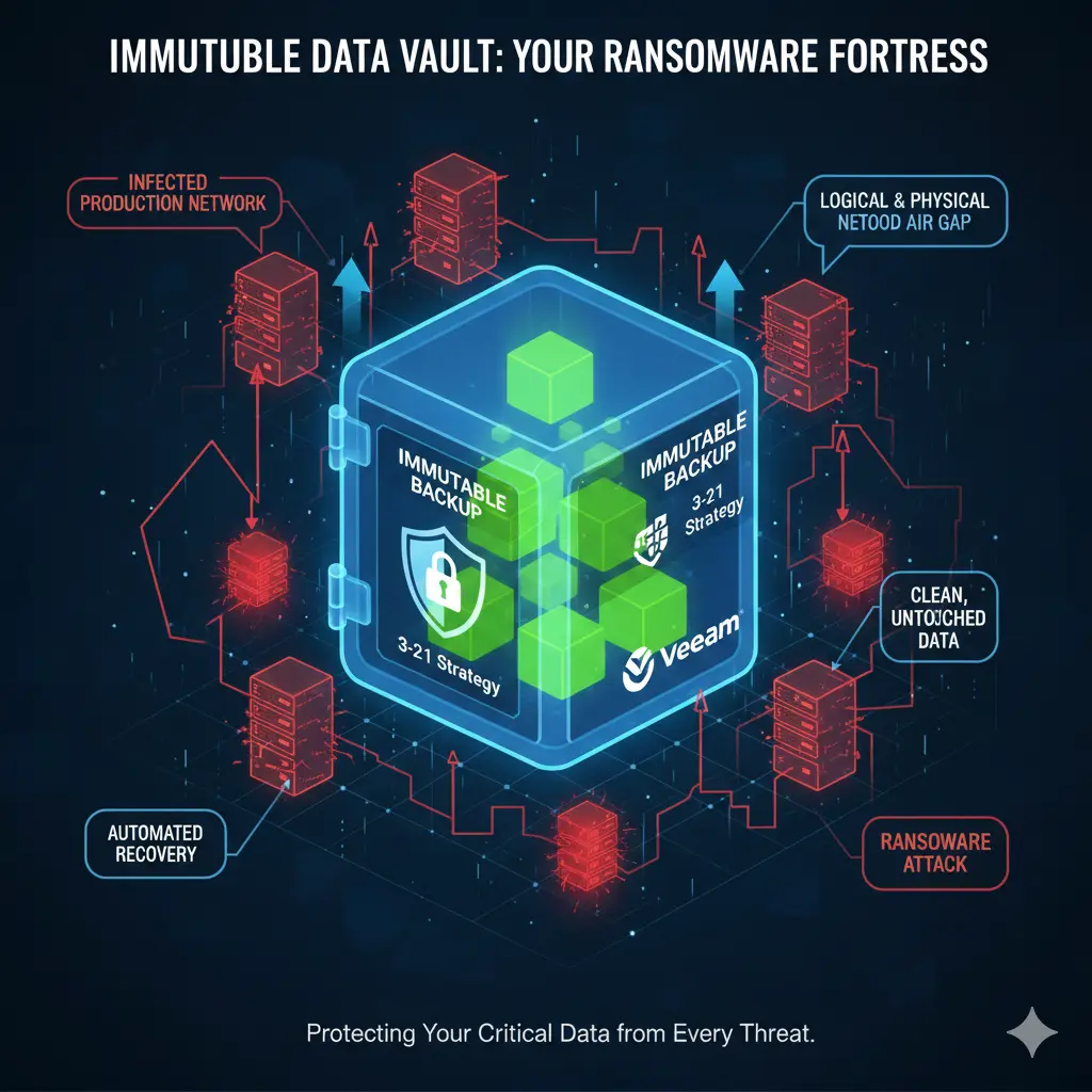 Digital vault labeled "Immutable Backup" protecting clean green data from a corrupted red network