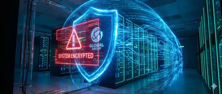 A wide HD graphic of an enterprise data center protected by a digital shield against the Global Group ransomware
